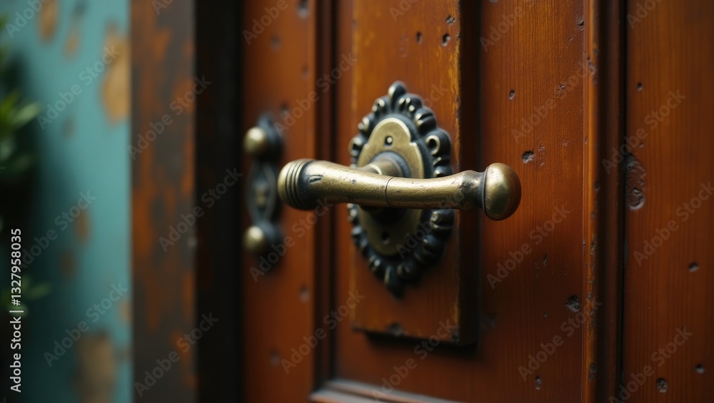 Fototapeta premium External door handle lacking protective lock on wooden frame. Close-up of metallic door handle on brown front or interior door. Concept of home door design choices.