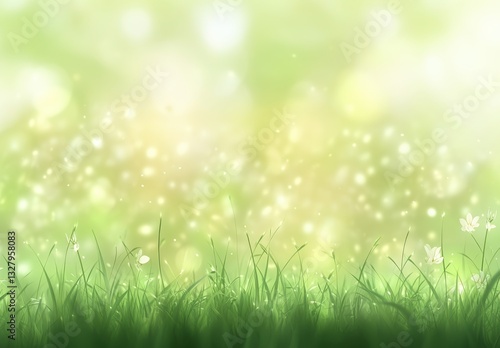 Soft Green Blurred Background with Delicate Light Particles and Gentle White Flowers in the Grass Creating a Dreamy Natural Scene