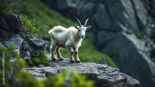 Fototapeta Naklejka Na Ścianę i Meble -  Mountain Goat standing on a rocky cliff ledge