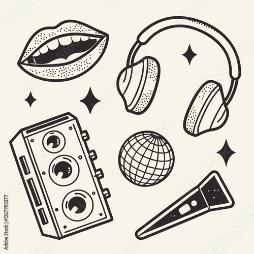 Halftone monochrome stipple elements set Mouths, eyes, hands, ears, disco ball, headphones, speaker, razor blade. Grunge punk dots texture for y2k collage design Retro photocopy vector illustration