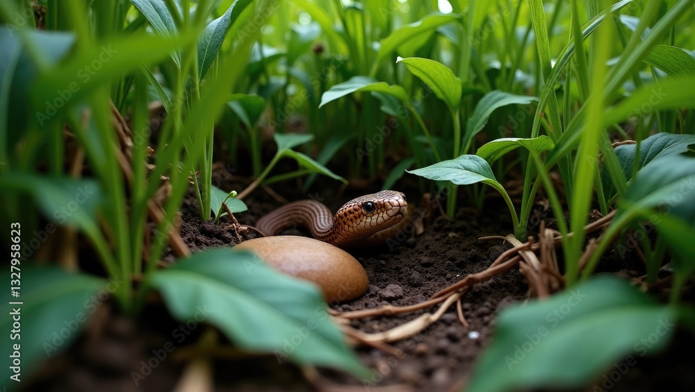 Obraz premium Venomous copperhead snake concealed amongst the grass in nature.