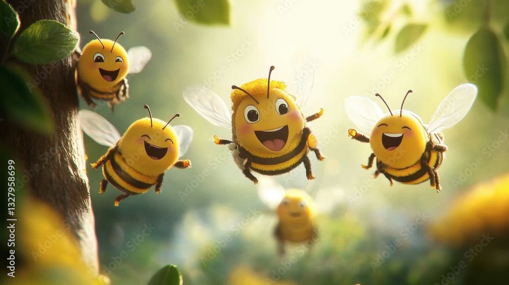 Obraz premium Cheerful Cartoon Bees Flying in a Sunny Floral Environment