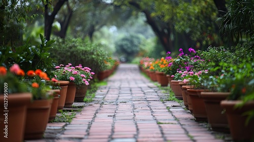 Wallpaper Mural A garden pathway lined with neatly placed potted flowers. Torontodigital.ca