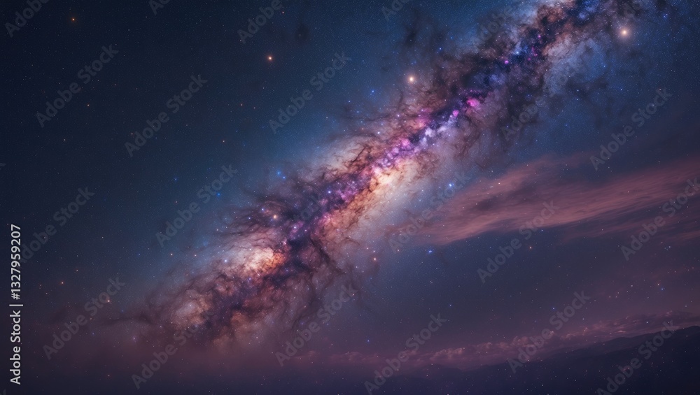 Fototapeta premium Milky Way galaxy featuring stars and space dust within the universe, captured in a long exposure photograph, showcasing grain.