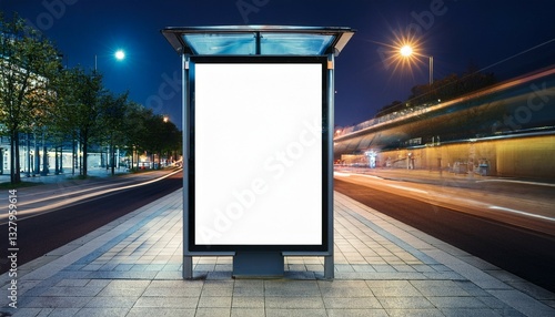 blank mockup of bus stop vertical billboard on the sidewalk at night front view of white empty outdoor advertising screen
