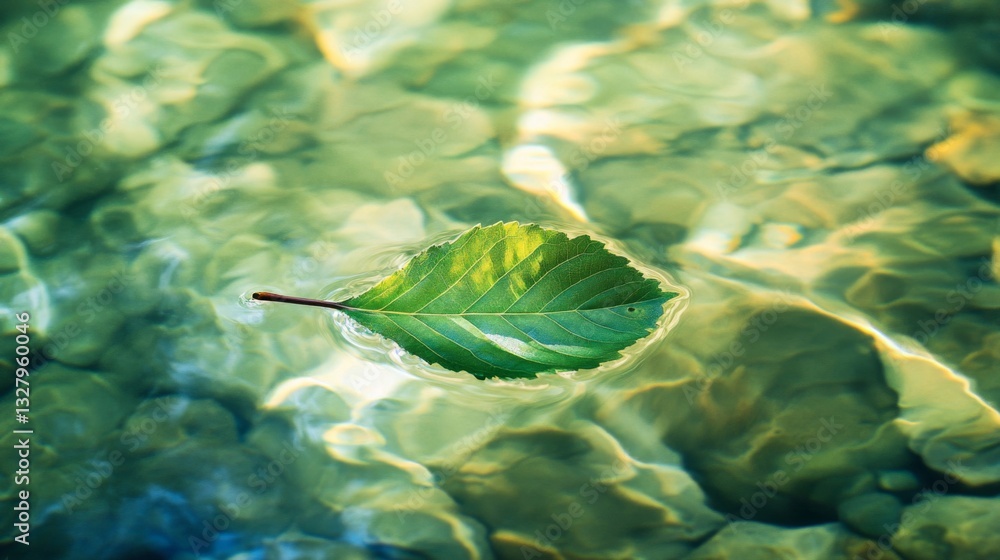 Fototapeta premium Green Leaf Floating on Clear Water with Rocks