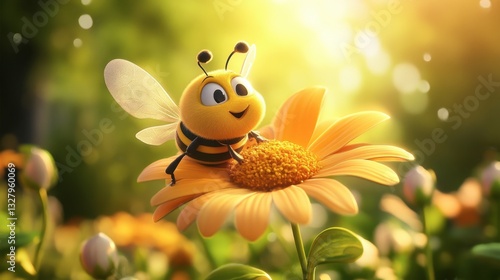 Cheerful Cartoon Bee Enjoying Bright Flower in Sunny Meadow Scene