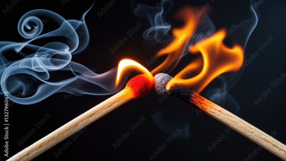 Two burning matchsticks positioned against one another. Two burning matchsticks positioned against one another.