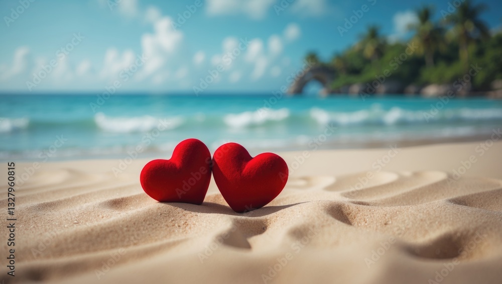 Valentine and Marry Theme. A pair of red heart-shaped symbols for lovers celebrating marriage on a sandy tropical beach, featuring a backdrop of blue travel scenery. Valentine and Marry Theme. A pair of red heart-shaped symbols for lovers celebrating marriage on a sandy tropical beach, featuring a backdrop of blue travel scenery.