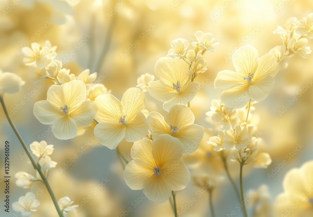 Fototapeta premium Soft Yellow Flowers in Delicate Bloom with Beautiful Light Background Capturing the Serenity and Elegance of Nature’s Floral Beauty