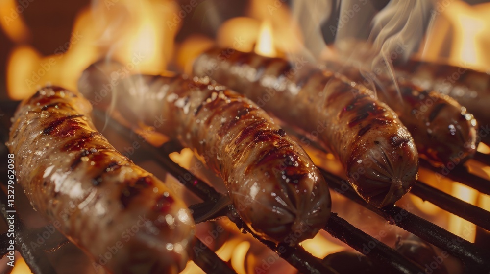 Grilled Sausages on Open Flame Barbecue Grilled Sausages on Open Flame Barbecue