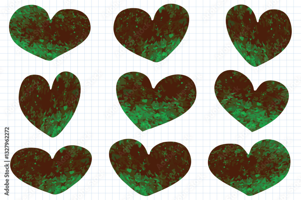 Fototapeta premium dark brown green color art different hearts icons set