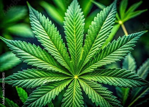 Macro Photography of a Single Hemp Leaf, Detailed Texture and Veins, Green Hues, Cannabis Plant