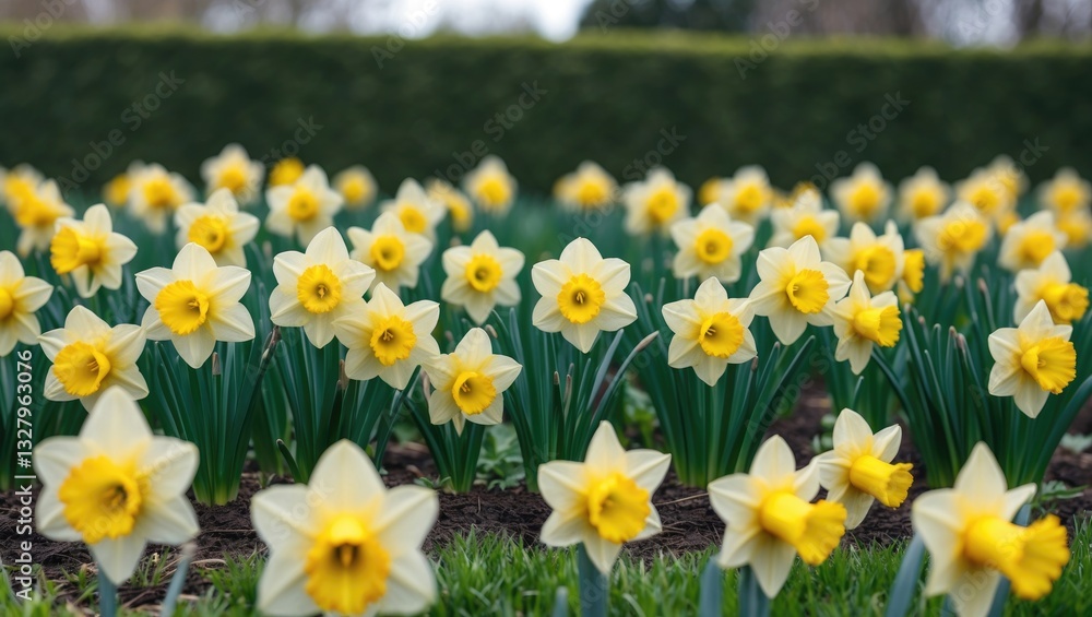 View of a spring lawn featuring blooming daffodils. View of a spring lawn featuring blooming daffodils.