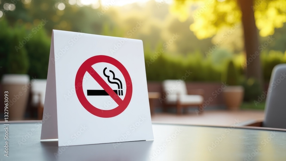 No smoking sign. Smoking is not allowed in public areas. Prohibitory banner on a table set against a public backdrop. Warning, do not smoke. No smoking sign. Smoking is not allowed in public areas. Prohibitory banner on a table set against a public backdrop. Warning, do not smoke.