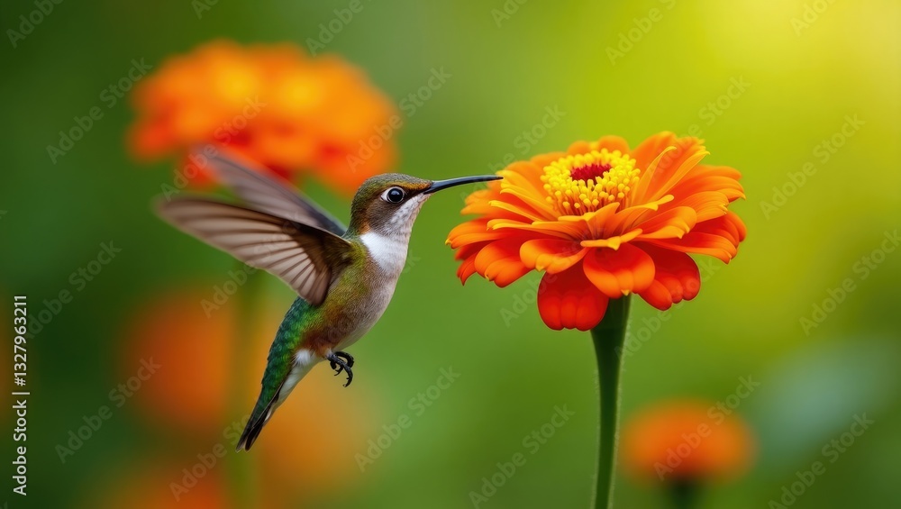 Fototapeta premium Ruby-throated Hummingbird sipping nectar from an orange Zinnia flower; set against a summer backdrop with copy space at the top.