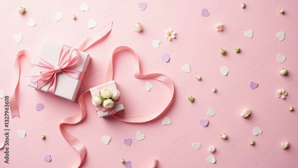 Ribbon in heart shape accompanied by gift boxes and rose flowers on a pink backdrop. Romantic flat lay arrangement. Ribbon in heart shape accompanied by gift boxes and rose flowers on a pink backdrop. Romantic flat lay arrangement.