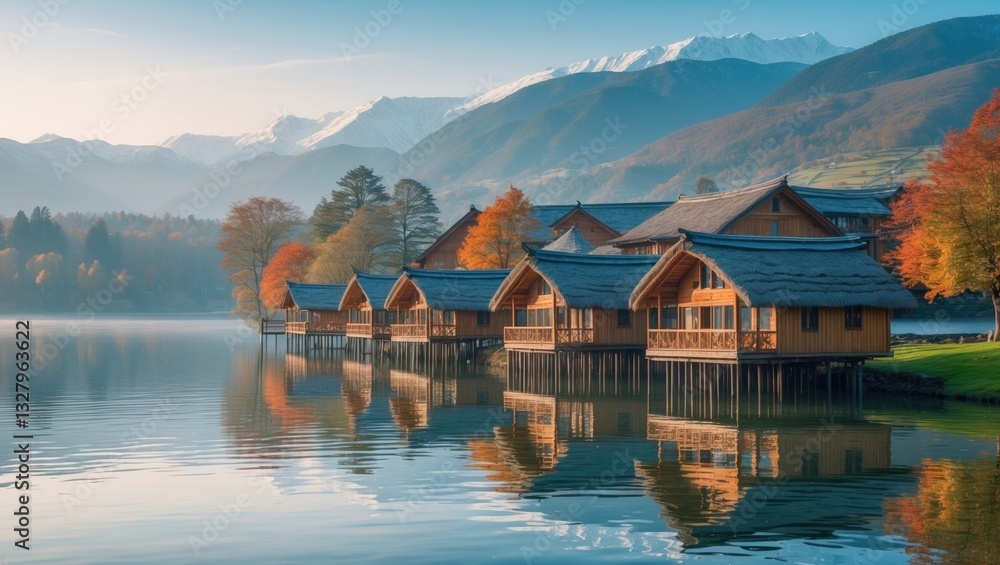 Naklejka premium Stunning morning vista of a well-known tourist location - . Gorgeous springtime view of lake. Incredible landscape of . Travel concept backdrop.