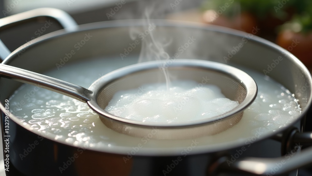 Removing the white foam referred to as scum from the top of a stock pot while boiling. Removing the white foam referred to as scum from the top of a stock pot while boiling.