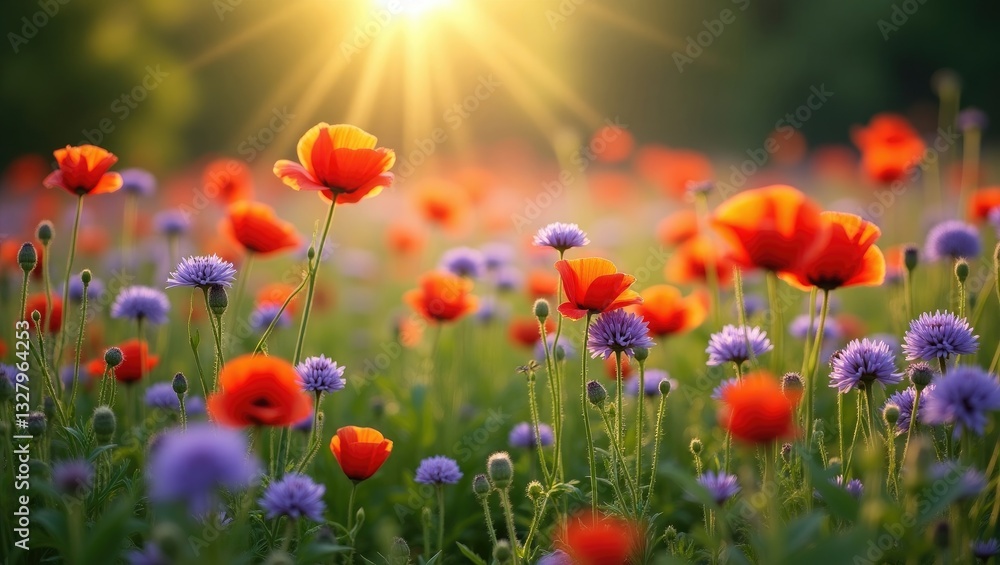 Fototapeta premium Small purple wildflowers and red poppies in a spring meadow. Ecology concept. Stunning photo wallpaper. Natural pattern image. Earth's beauty.
