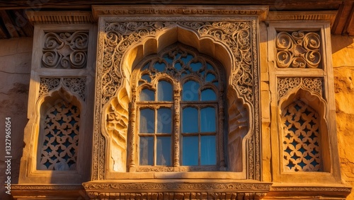 Closed window of an ancient house featuring wall carvings. Architectural tradition.