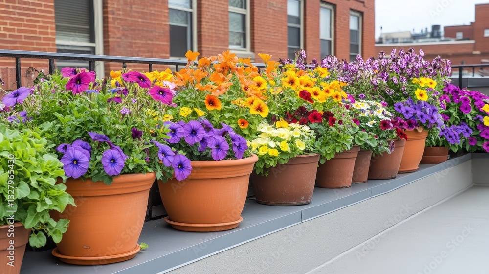 A rooftop terrace decorated with an array of potted petunias and begonias. A rooftop terrace decorated with an array of potted petunias and begonias.