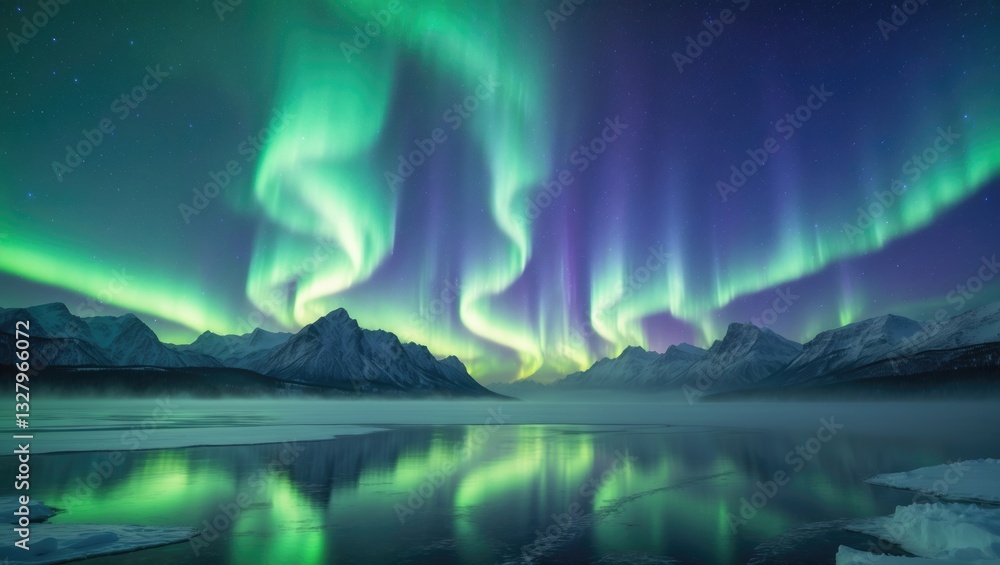 Naklejka premium Northern Lights above the ocean, snowy peaks at a starry winter night. Sky filled with polar lights. Landscape featuring aurora, coastline, sky, reflection in the water. Space.