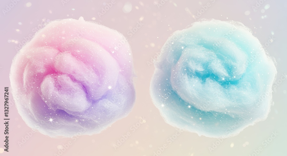 Fototapeta premium Fluffy cotton candy swirls in dreamy pastel colors of pink and blue, sprinkled with magical sparkles. This whimsical treat evokes nostalgia and delight, perfect for festive occasions or desserts.