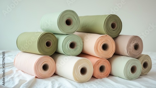 Rolls of pastel-colored fabric on a white background.