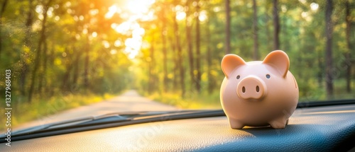 Road Trip Savings: Piggy Bank on Car Dashboard 
