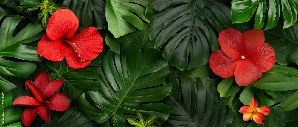 Vibrant Tropical Paradise: A Lush Tapestry of Hibiscus and Monstera Leaves Vibrant Tropical Paradise: A Lush Tapestry of Hibiscus and Monstera Leaves