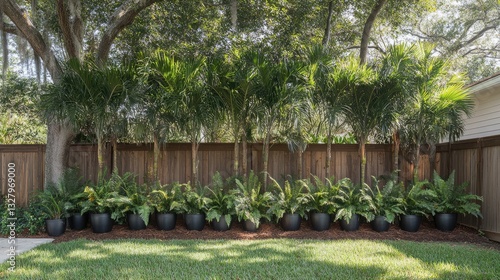 A well-maintained backyard fence with alternating potted palms for privacy.