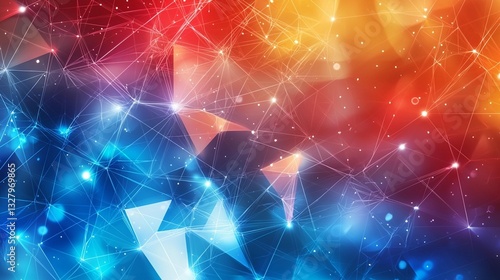 Abstract network connection background with glowing nodes and lines in blue, red, and orange tones.