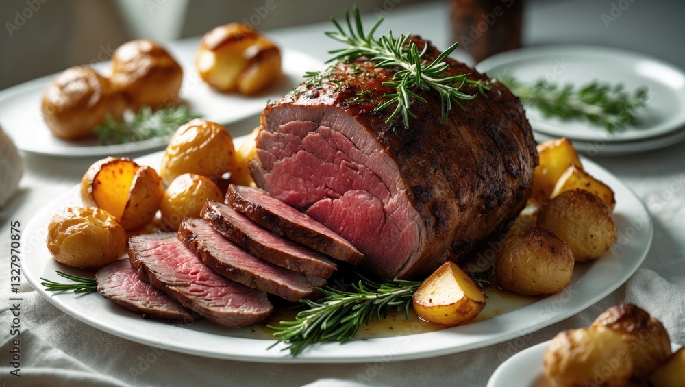 Roast beef joint accompanied by roasted vegetables. Roast beef joint accompanied by roasted vegetables.