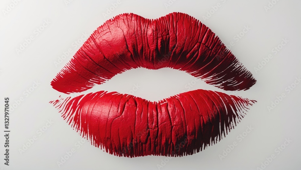 Textured imprint of a red lipstick kiss on a white background. Textured imprint of a red lipstick kiss on a white background.