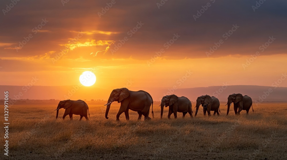 Fototapeta premium A vast savannah landscape with a herd of elephants walking at sunset