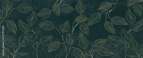 Abstract plant art background with golden leaves in line style with watercolor texture. Hand drawn botanical banner for print, decor, textile, poster, wallpaper, interior