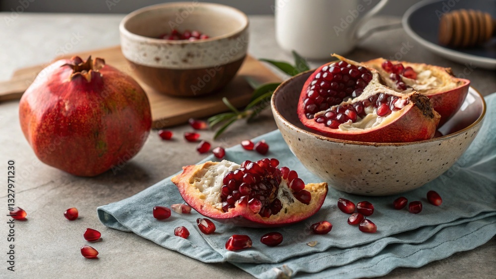 Fresh, ripe pomegranates, both whole and halved, are arranged on a kitchen counter with scattered seeds, showcasing healthy eating and vibrant fruit ingredients.
Fresh, ripe pomegranates, both whole and halved, are arranged on a kitchen counter with scattered seeds, showcasing healthy eating and vibrant fruit ingredients.