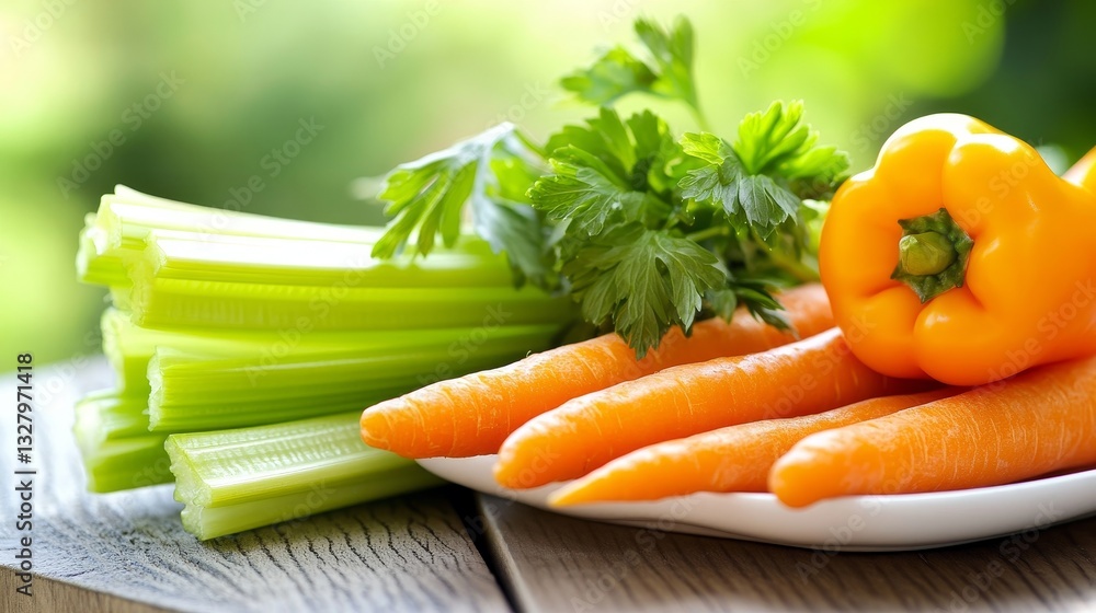 Fresh Vegetables Arranged on a Plate Outdoors with Green Foliage Fresh Vegetables Arranged on a Plate Outdoors with Green Foliage