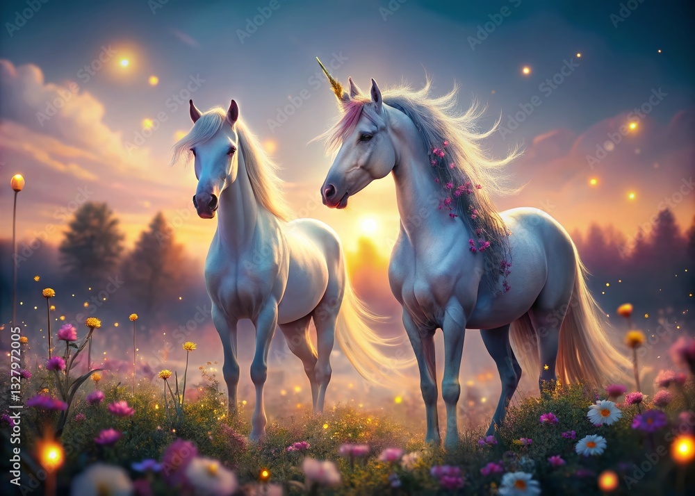 Fototapeta premium Magical Dusk: Unicorns in a Glowing Meadow - High-Resolution Stock Photo