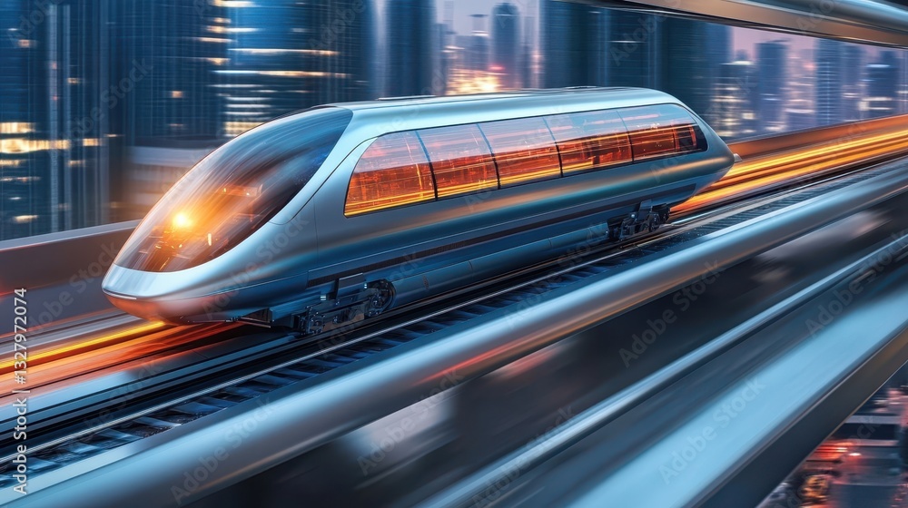 Fototapeta premium A modern high speed train is speeding quickly through a city