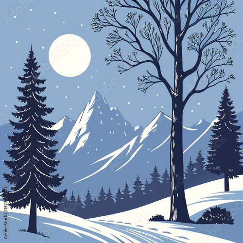 Beautiful Winter Landscape with Trees, Mountains and the Moon above the horizon, Night Landscape stock illustration