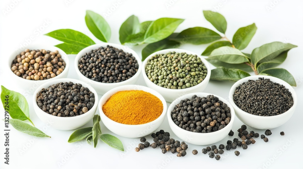 Assorted Spices In White Bowls With Green Leaves Assorted Spices In White Bowls With Green Leaves
