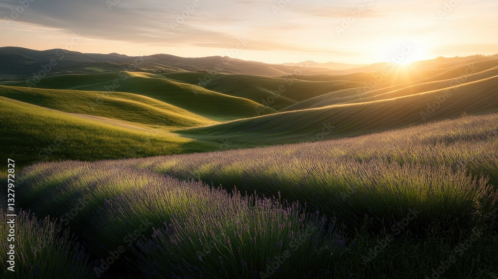Fototapeta premium A field of lavender stretching across rolling hills, glowing in golden light
