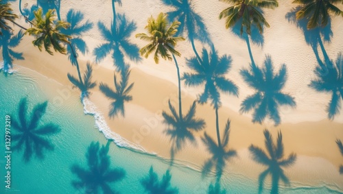 Fototapeta Naklejka Na Ścianę i Meble -  Aerial paradise featuring lovely palm tree shadows on a sandy beach, seen from above the turquoise ocean. Incredible summer landscape pattern. Gorgeous sunny beach scene, inspiring relaxation for a...
