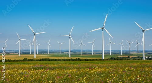 A vibrant field of wildflowers under a bright blue sky, with towering wind turbines in the background, highlighting themes of renewable energy and sustainability.