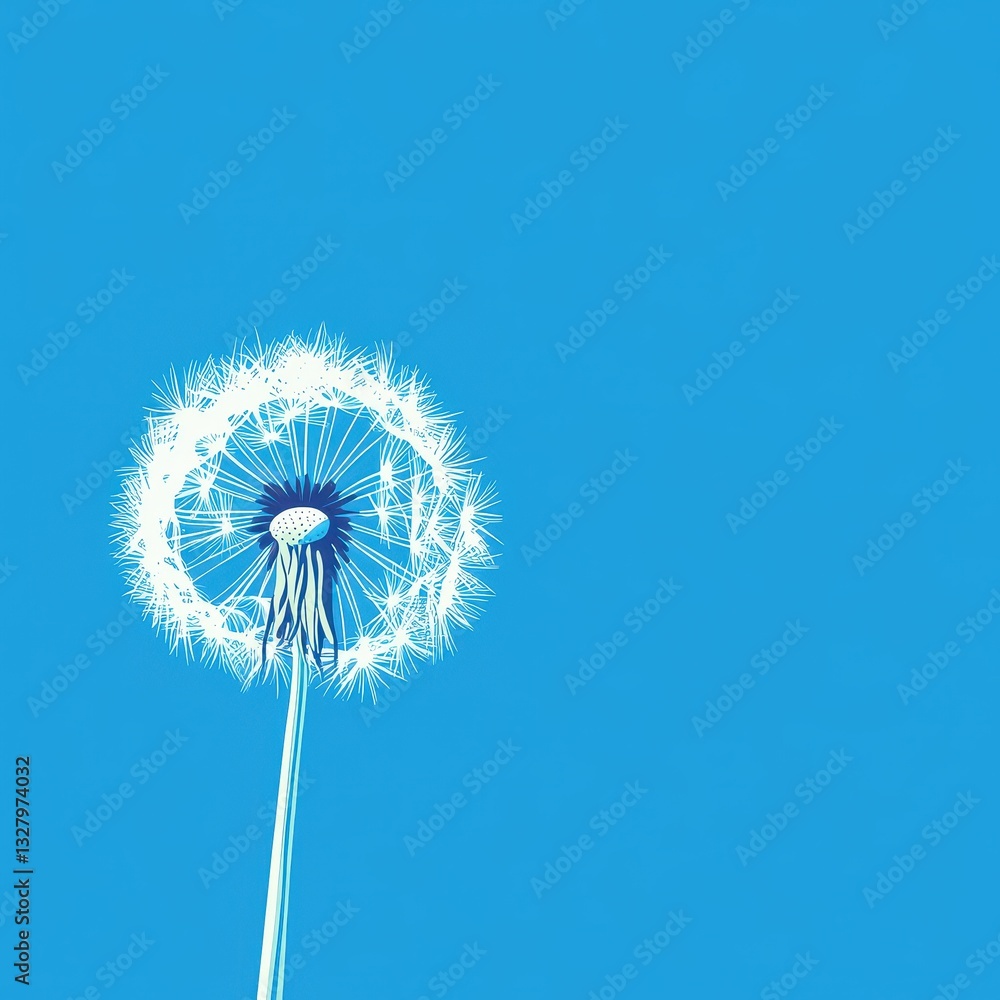 Fototapeta premium A single dandelion clock against a vivid bright blue background