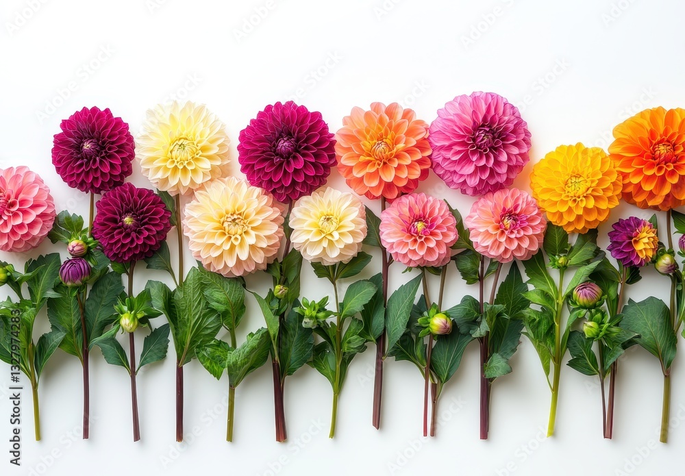 Fototapeta premium Vibrant and Colorful Dahlia Flowers Arranged Beautifully on White Background for Floral Design and Nature Inspiration