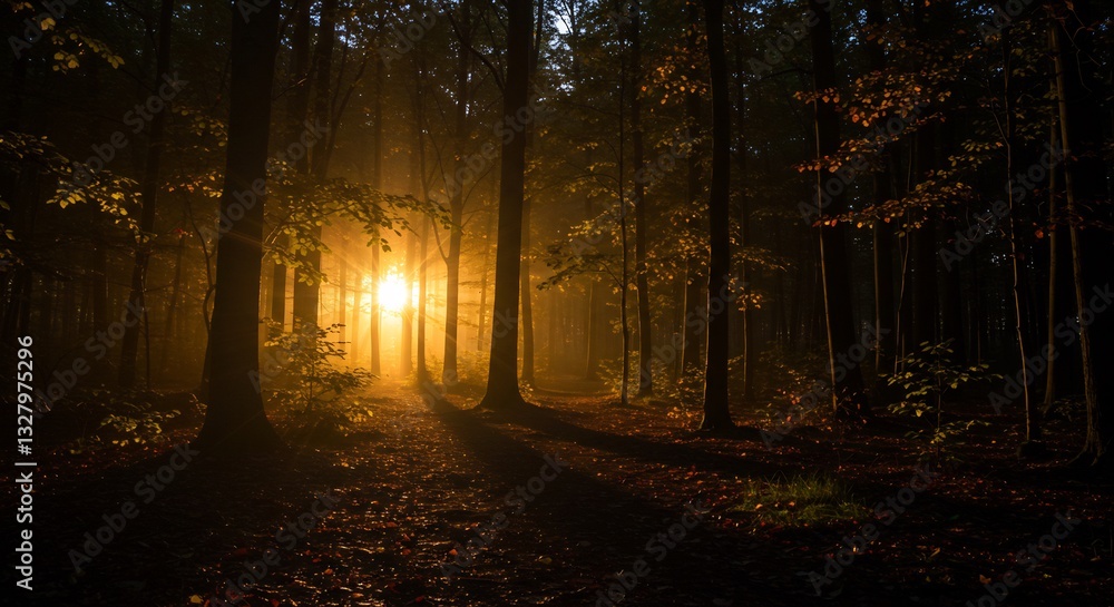 Obraz premium Golden sunlight magically illuminates dark forest path. AI Generated