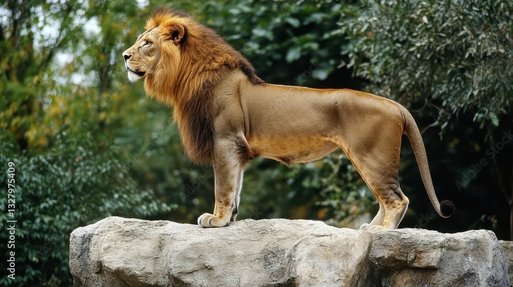 A majestic male lion standing proudly on a rocky surface A majestic male lion standing proudly on a rocky surface
